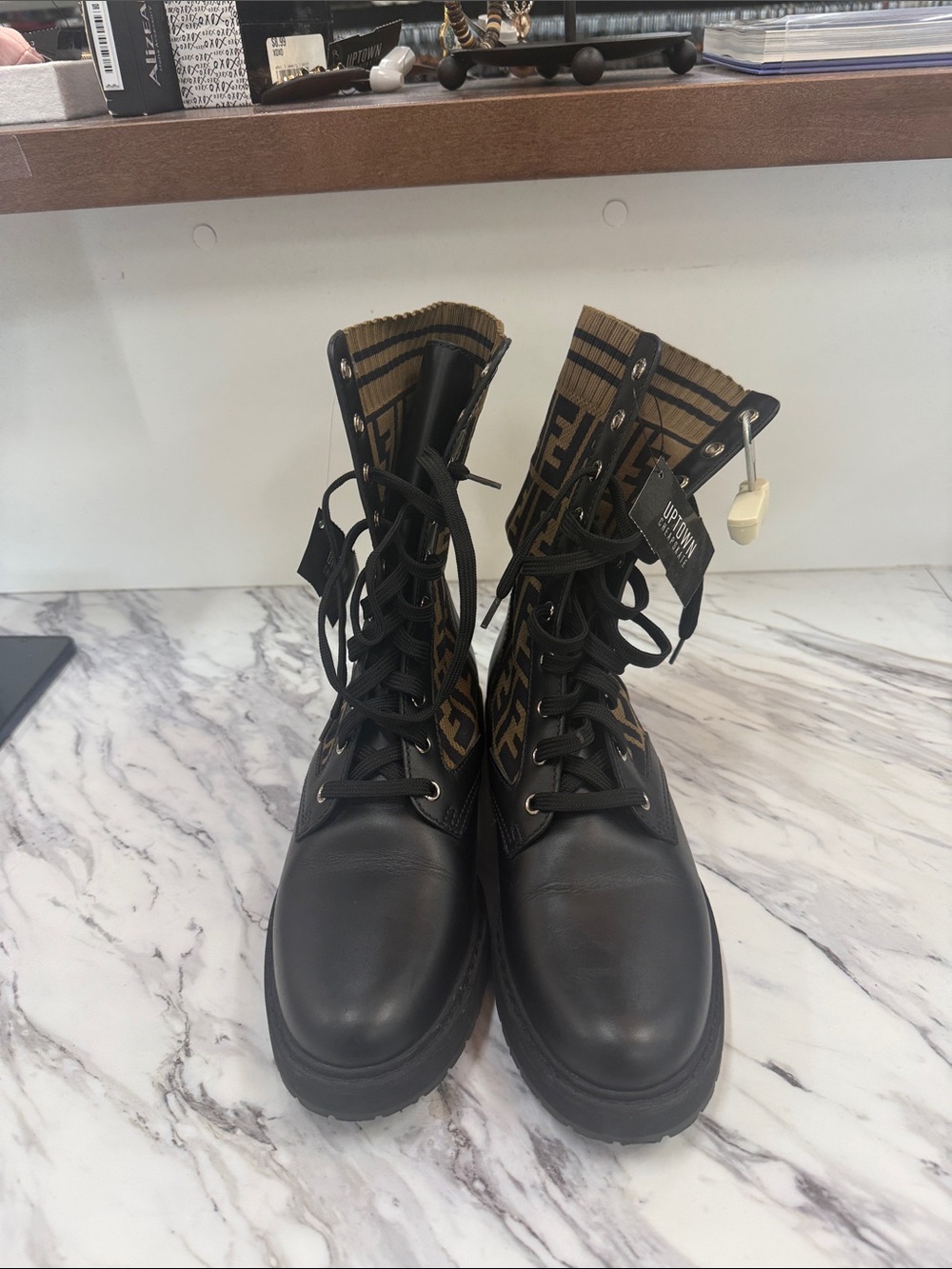 Fendi Black Leather Combat Boots with Brown FF Knit Cuff